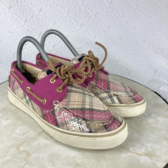 Sperry Shoes Women 6.5 Pink Gray Plaid Sequin Classic Casual Slip on Boat Loafer - Picture 1 of 12